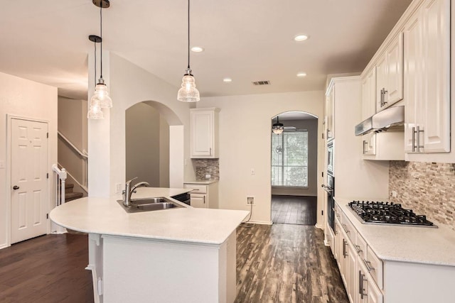 65 White Magnolia Cir, Lakeway, TX 78734 - kitchen with appliances with stainless steel finishes, arched walkways, backsplash, light countertops, and under cabinet range hood