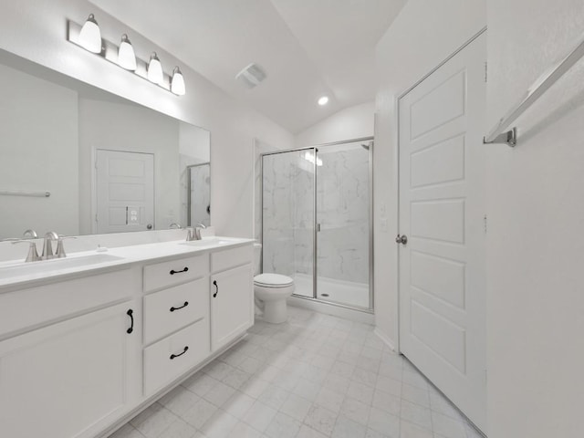 12416 Anthology St, Manor, TX 78653 - bathroom with a marble finish shower, double vanity, lofted ceiling, and recessed lighting