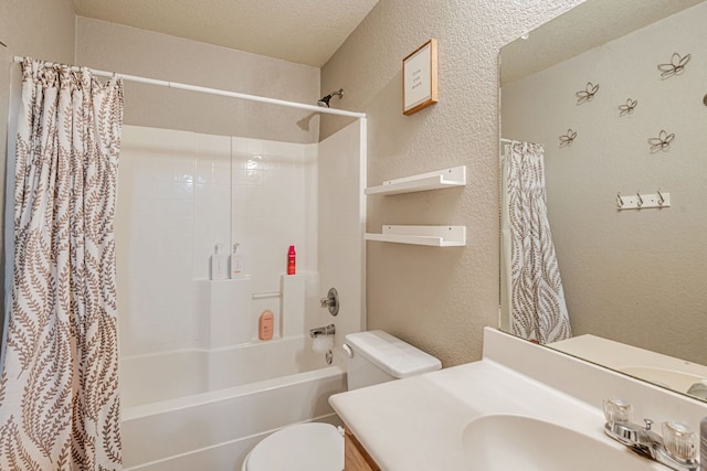 4735 Stonehaven Dr, Temple, TX 76502 - bathroom with vanity, shower / tub combo with curtain, and a textured wall