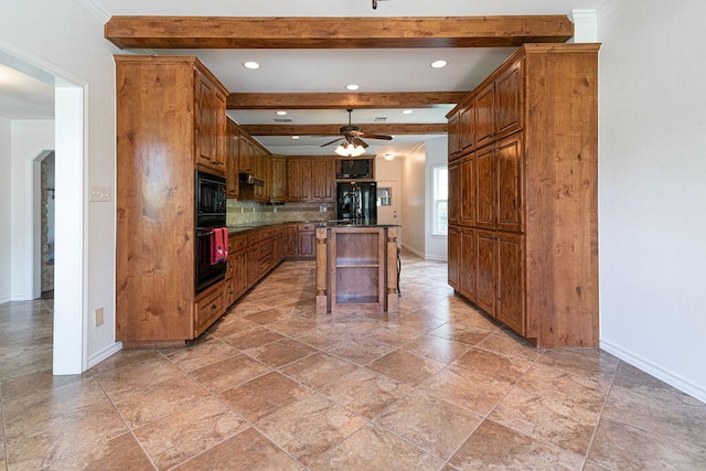 208 Norwood Cv, Georgetown, TX 78628 - kitchen featuring black appliances, beamed ceiling, backsplash, a breakfast bar area, and brown cabinets