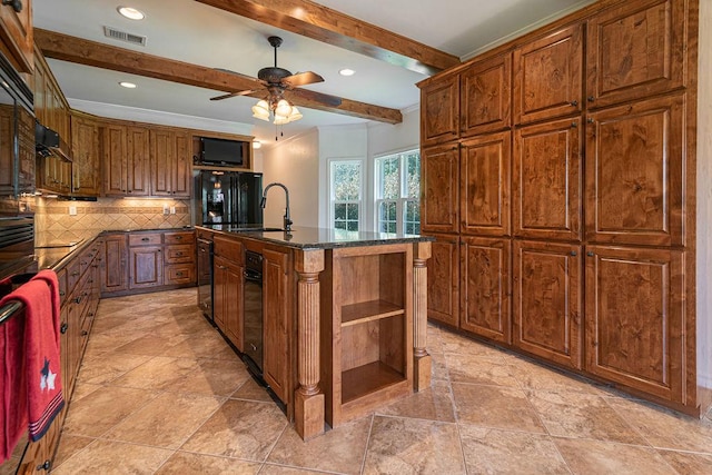 208 Norwood Cv, Georgetown, TX 78628 - kitchen with decorative backsplash, beam ceiling, an island with sink, open shelves, and ceiling fan