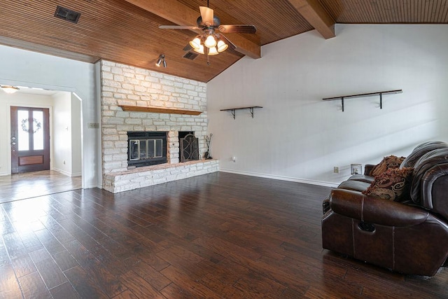 208 Norwood Cv, Georgetown, TX 78628 - living room featuring a ceiling fan, hardwood / wood-style flooring, wood ceiling, and a brick fireplace