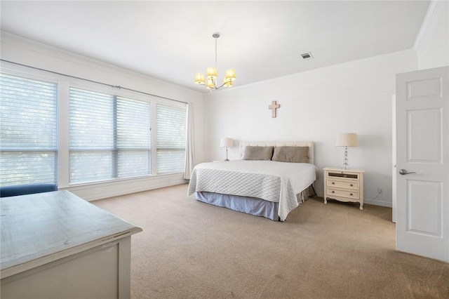 1733 Canonero Dr, Austin, TX 78746 - bedroom with a chandelier, light colored carpet, and ornamental molding