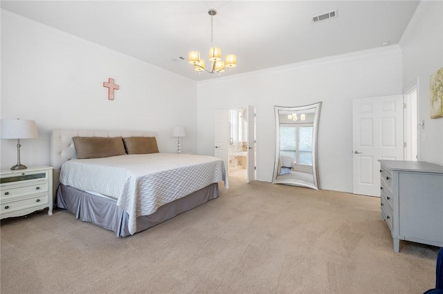 1733 Canonero Dr, Austin, TX 78746 - bedroom with a chandelier, light carpet, crown molding, and connected bathroom