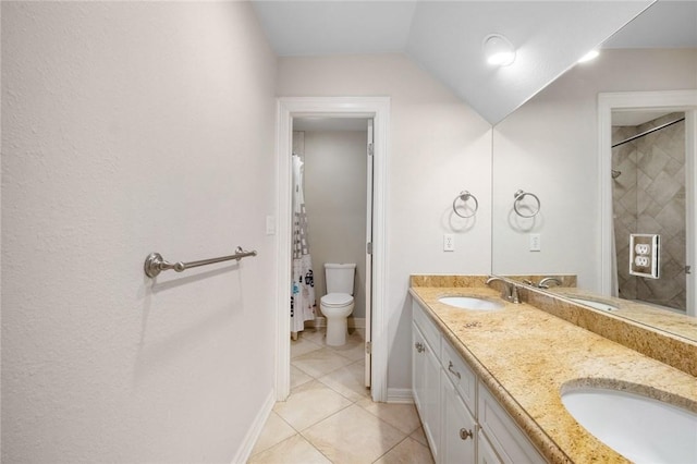 1733 Canonero Dr, Austin, TX 78746 - bathroom featuring tile patterned flooring, double vanity, curtained shower, and lofted ceiling