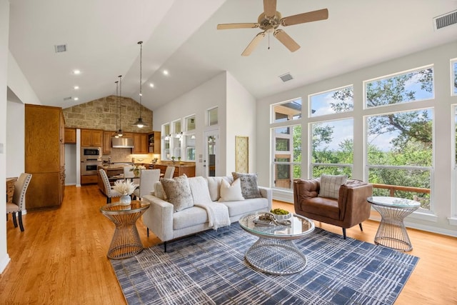 100 Broad Vista Ct, Georgetown, TX 78628 - living area with high vaulted ceiling, light wood finished floors, ceiling fan, and recessed lighting