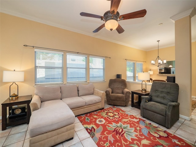 5102 Coppermead Ln, Austin, TX 78754 - living area featuring ornamental molding, a ceiling fan, light tile patterned flooring, and a chandelier