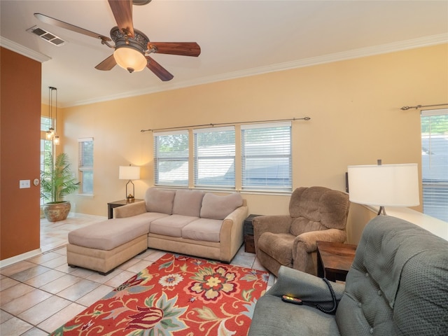 5102 Coppermead Ln, Austin, TX 78754 - living area with crown molding, light tile patterned floors, and ceiling fan