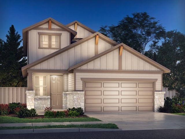 208 Morning Tide Dr, Georgetown, TX 78628 - craftsman-style home with stone siding, board and batten siding, a garage, and driveway