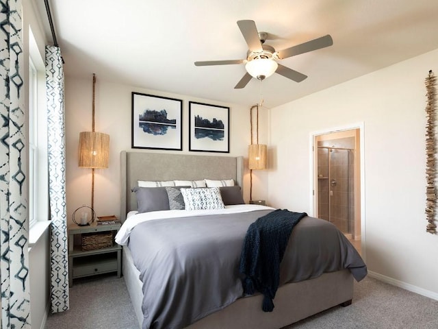 208 Morning Tide Dr, Georgetown, TX 78628 - bedroom featuring carpet flooring, a ceiling fan, and connected bathroom