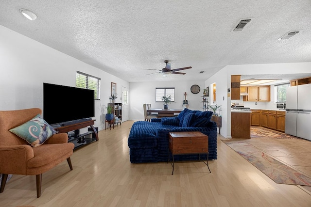 706 Cambridge Dr, Round Rock, TX 78664 - living room with light wood-type flooring, healthy amount of natural light, a textured ceiling, and a ceiling fan
