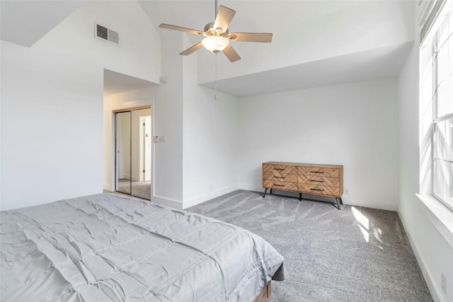6100 Open Range Trl, Austin, TX 78749 - carpeted bedroom with high vaulted ceiling and a ceiling fan