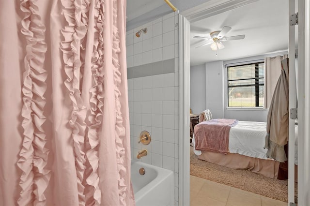 2502 Leon St Unit 102, Austin, TX 78705 - full bathroom with connected bathroom, shower / tub combo, ceiling fan, and tile patterned flooring