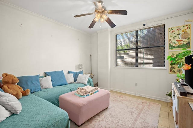 2502 Leon St Unit 102, Austin, TX 78705 - living area featuring crown molding, a ceiling fan, and light tile patterned flooring