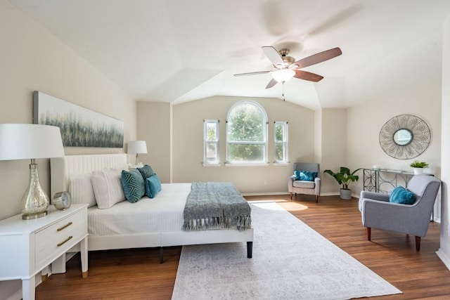 8716 Corran Ferry Dr, Austin, TX 78749 - bedroom featuring wood finished floors, lofted ceiling, and a ceiling fan