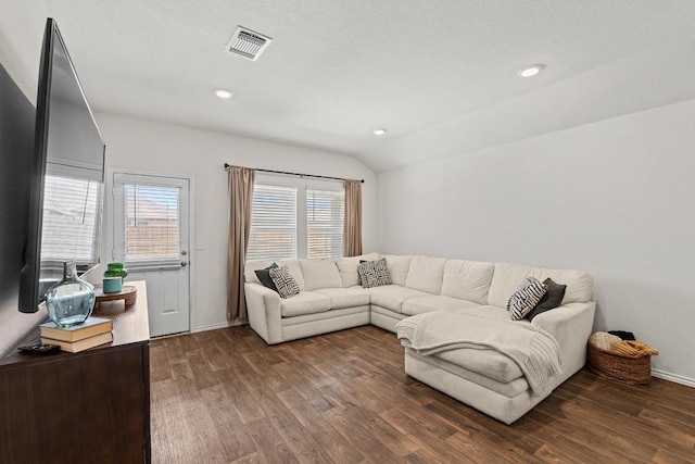 11817 Rush Ln, Elgin, TX 78621 - living room featuring vaulted ceiling, wood finished floors, healthy amount of natural light, and recessed lighting