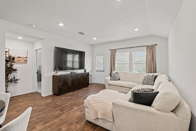 11817 Rush Ln, Elgin, TX 78621 - living area featuring dark wood finished floors, recessed lighting, and lofted ceiling