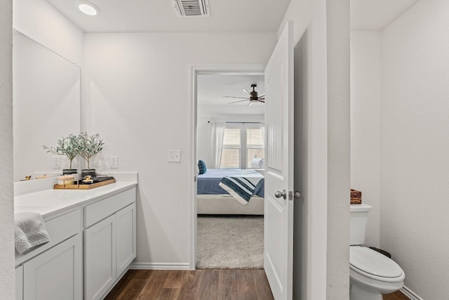 11817 Rush Ln, Elgin, TX 78621 - bathroom with wood finished floors, vanity, ensuite bathroom, and a ceiling fan