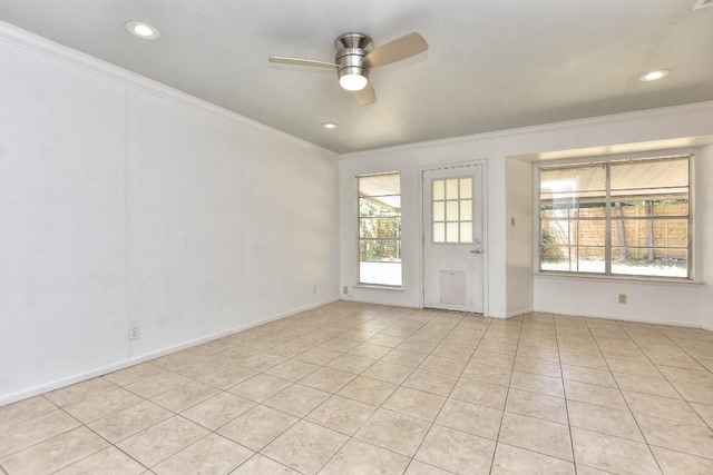803 Easy Day Cv, Austin, TX 78745 - unfurnished room featuring ornamental molding, a ceiling fan, light tile patterned floors, and recessed lighting