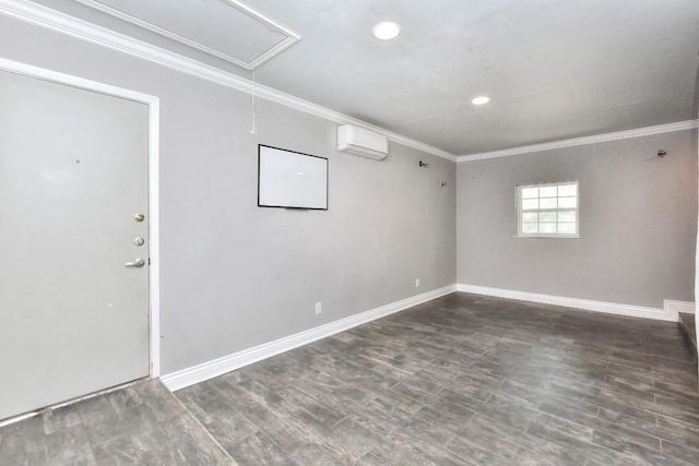 803 Easy Day Cv, Austin, TX 78745 - basement with a wall mounted air conditioner, crown molding, wood finished floors, and recessed lighting