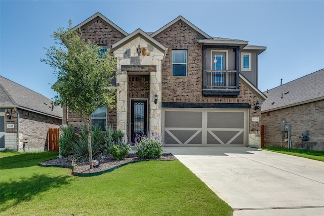 1624 Stone House Dr, New Braunfels, TX 78132 - view of front of house featuring brick siding, concrete driveway, a garage, a front yard, and stone siding