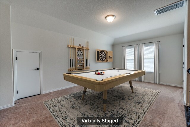 1624 Stone House Dr, New Braunfels, TX 78132 - game room with carpet, a textured ceiling, and lofted ceiling