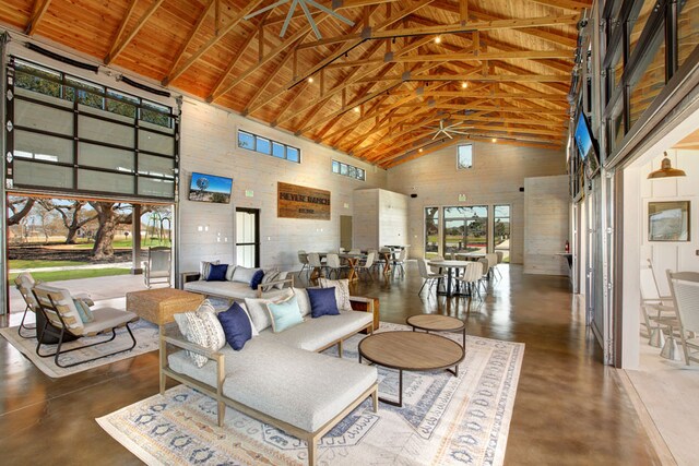 1624 Stone House Dr, New Braunfels, TX 78132 - living room with high vaulted ceiling, finished concrete flooring, and a wooden ceiling with exposed beams