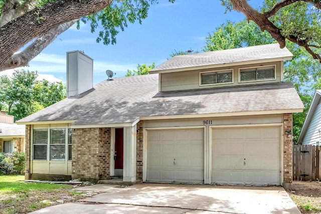 9611 Meadowheath Dr, Austin, TX 78729 - view of front facade featuring brick siding, roof with shingles, driveway, and a chimney