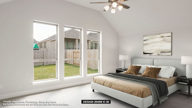 103 Horsetail Cv, Bastrop, TX 78602 - bedroom with carpet, vaulted ceiling, and a ceiling fan
