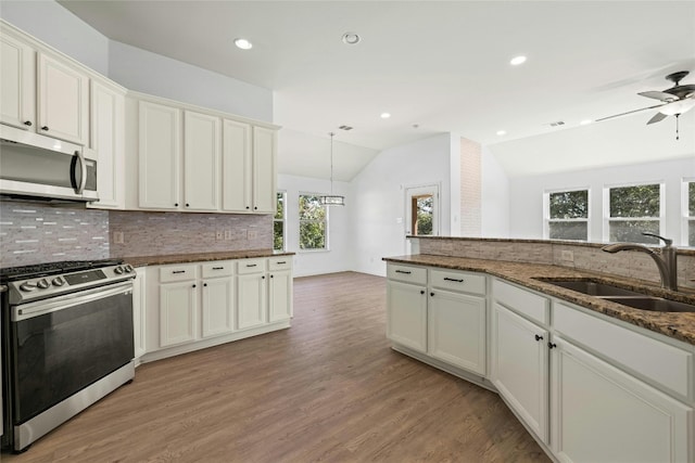4204 Pasada Ln, Round Rock, TX 78681 - kitchen featuring appliances with stainless steel finishes, lofted ceiling, backsplash, light wood finished floors, and a ceiling fan