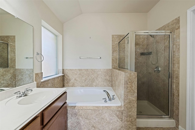 4204 Pasada Ln, Round Rock, TX 78681 - full bath with a bath, vanity, a stall shower, and lofted ceiling