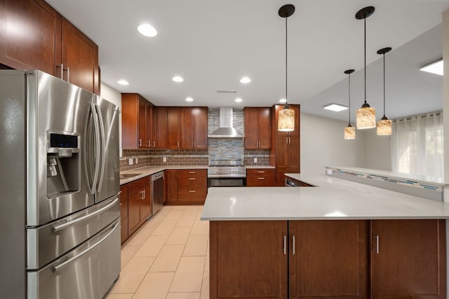 5210 Rain Creek Pkwy, Austin, TX 78759 - kitchen featuring stainless steel appliances, wall chimney range hood, decorative backsplash, light countertops, and recessed lighting