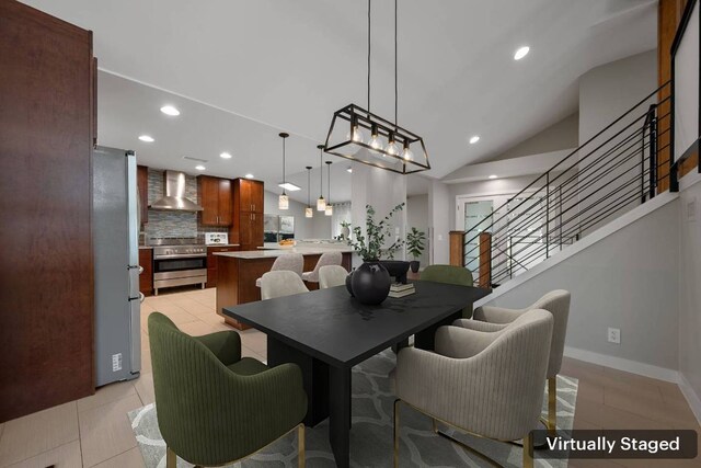 5210 Rain Creek Pkwy, Austin, TX 78759 - dining room with recessed lighting, vaulted ceiling, stairway, and light tile patterned flooring