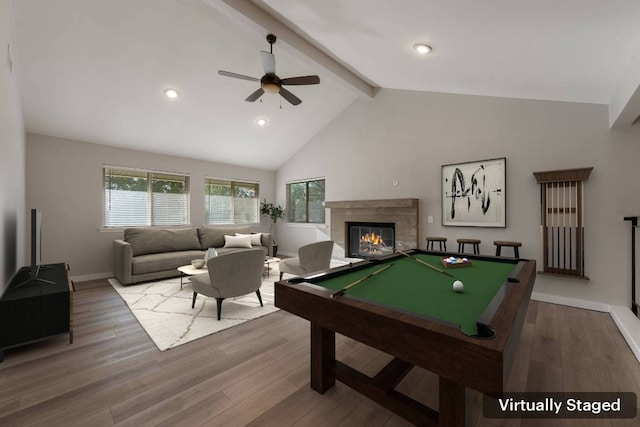 5210 Rain Creek Pkwy, Austin, TX 78759 - rec room with beam ceiling, a glass covered fireplace, pool table, healthy amount of natural light, and a ceiling fan