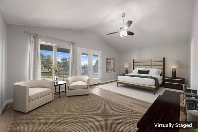 5210 Rain Creek Pkwy, Austin, TX 78759 - bedroom with wood finished floors, access to exterior, vaulted ceiling, ceiling fan, and french doors