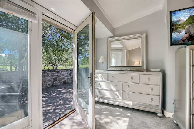 100 Bay Point Dr Unit 13, Horseshoe Bay, TX 78657 - doorway to outside with carpet flooring and lofted ceiling