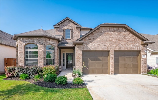 22617 Fountaingrass Ln, Lago Vista, TX 78645 - french provincial home with a garage, brick siding, driveway, and roof with shingles
