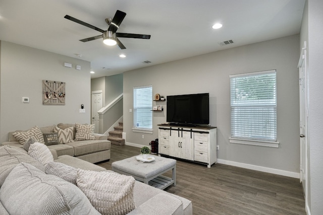 125 Hawea Ln, Bastrop, TX 78602 - living room with a ceiling fan, stairway, dark wood-style floors, and recessed lighting