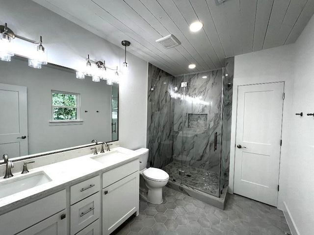 1105 Carroll Ln, La Grange, TX 78945 - bathroom with a marble finish shower, recessed lighting, double vanity, tile patterned flooring, and wood ceiling