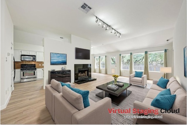 2705 Sabinal Trl, Cedar Park, TX 78613 - living room with light wood-type flooring, track lighting, and a fireplace with raised hearth