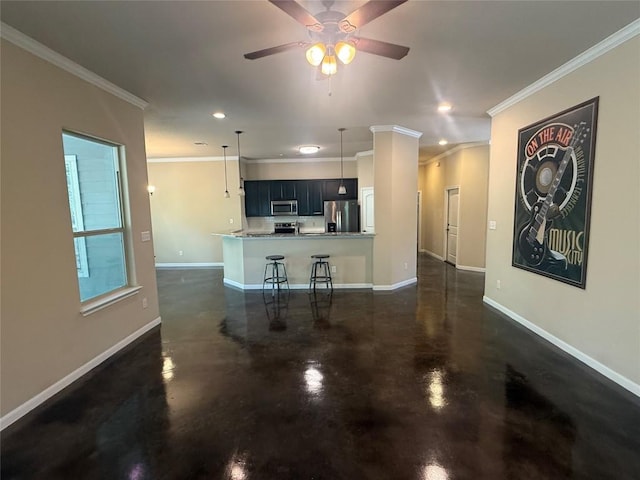 208 Akaloa Dr, Bastrop, TX 78602 - living room featuring concrete floors, crown molding, recessed lighting, and a ceiling fan