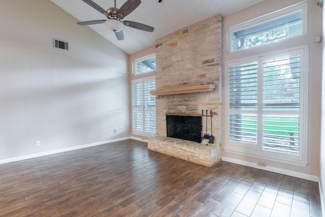 3801 Oak Creek Dr, Austin, TX 78727 - unfurnished living room featuring a fireplace, ceiling fan, high vaulted ceiling, and wood finished floors