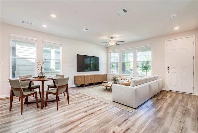 221 Delaware Mountains Ter, Dripping Springs, TX 78620 - living room with light wood-type flooring, plenty of natural light, recessed lighting, and ceiling fan
