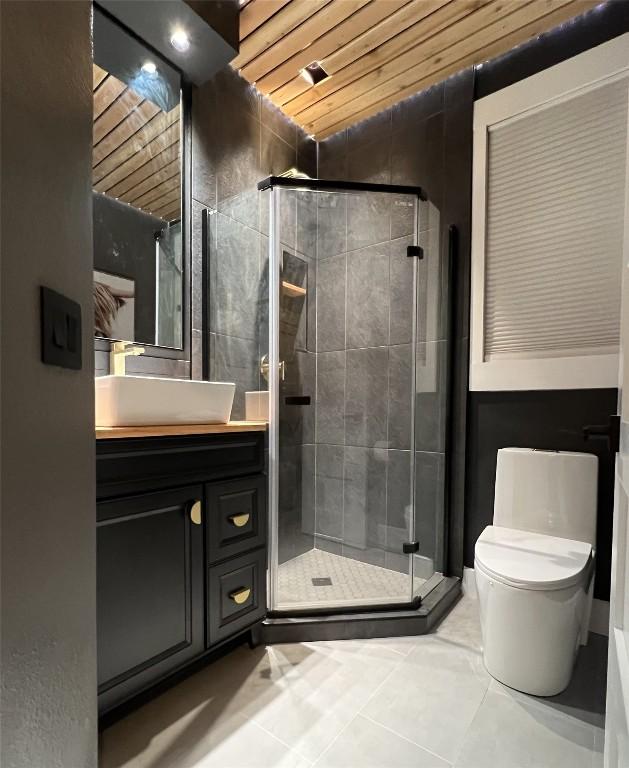 1654 Belvedere Pl, Round Rock, TX 78665 - bathroom featuring vanity, a shower stall, tile patterned floors, wooden ceiling, and lofted ceiling
