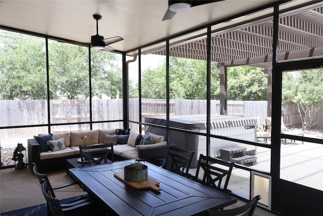 1654 Belvedere Pl, Round Rock, TX 78665 - sunroom featuring ceiling fan, an outdoor living space, a jacuzzi, and healthy amount of natural light