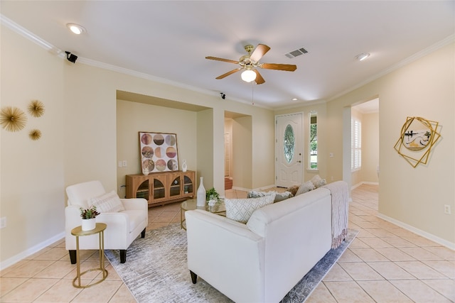 307 Dove Hollow Trl, Georgetown, TX 78633 - living room featuring light tile patterned floors, crown molding, ceiling fan, and recessed lighting