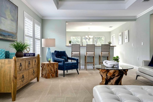 319 Salado Creek Ln, Georgetown, TX 78633 - living room with light colored carpet, a chandelier, crown molding, and a raised ceiling