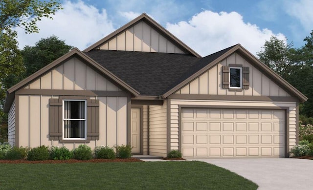 11912 Dillon Falls Dr, Austin, TX 78747 - view of front facade with board and batten siding, roof with shingles, driveway, a garage, and a front yard