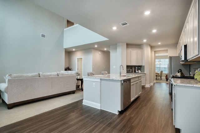 187 Glass Mountains Way, Dripping Springs, TX 78620 - kitchen with appliances with stainless steel finishes, a center island with sink, dark wood-style floors, light stone countertops, and recessed lighting