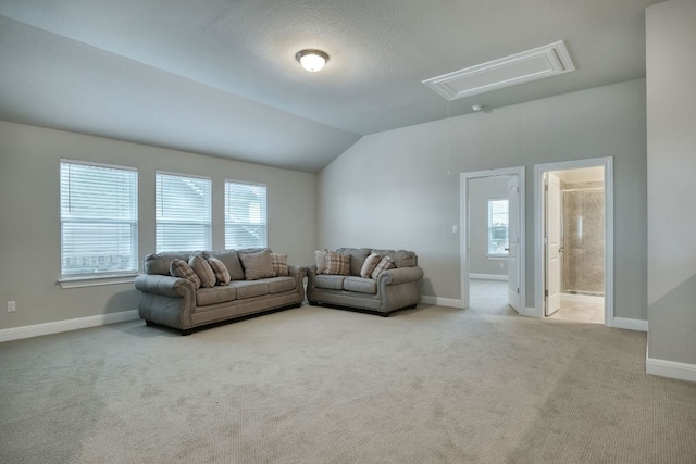 187 Glass Mountains Way, Dripping Springs, TX 78620 - carpeted living room featuring attic access, healthy amount of natural light, and vaulted ceiling